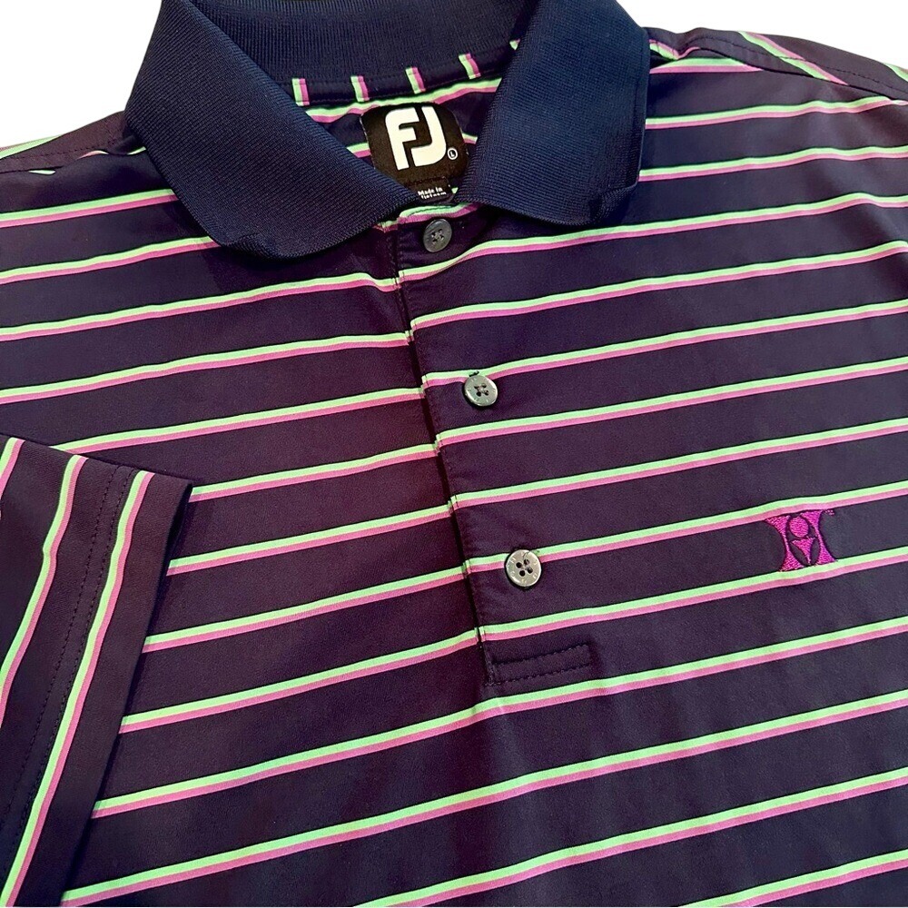 FootJoy Golf Performance Polo Shirt Men's Large Navy Green Pink Stripes Athletic